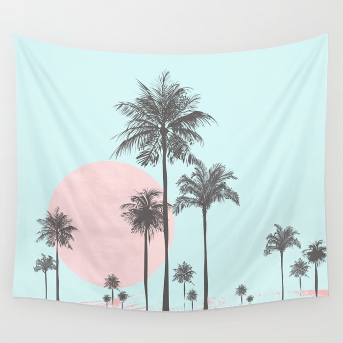 Beachfront palm tree soft pastel sunset graphic Wall Tapestry