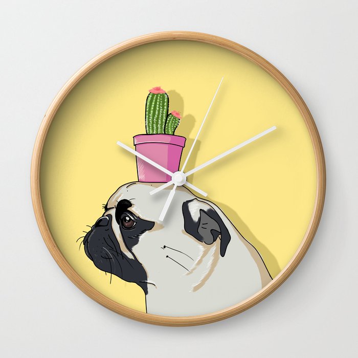 Pug Flower Pot Cactus Wall Clock