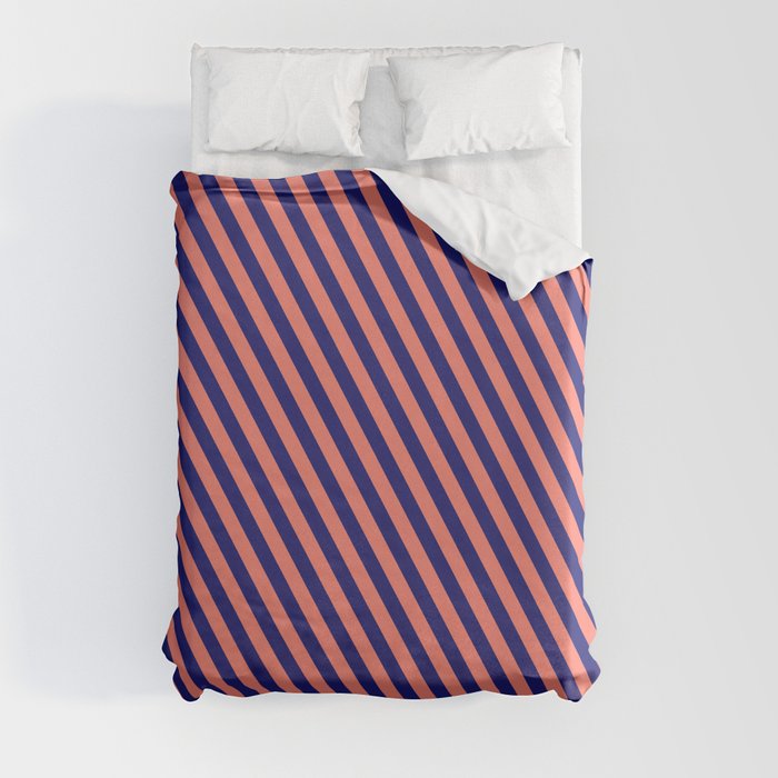 Salmon & Midnight Blue Colored Pattern of Stripes Duvet Cover