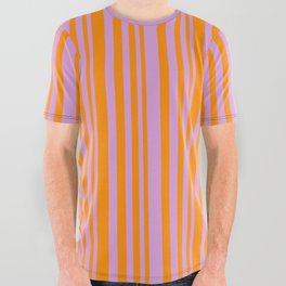 [ Thumbnail: Plum and Dark Orange Colored Striped/Lined Pattern All Over Graphic Tee ]