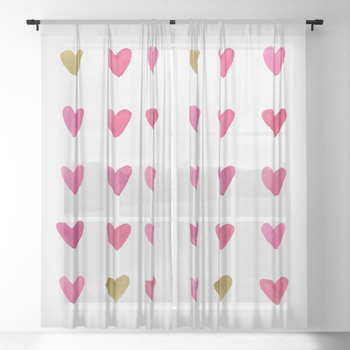 Watercolor Hearts Pink Red And Gold Sheer Curtain By Annelouw
