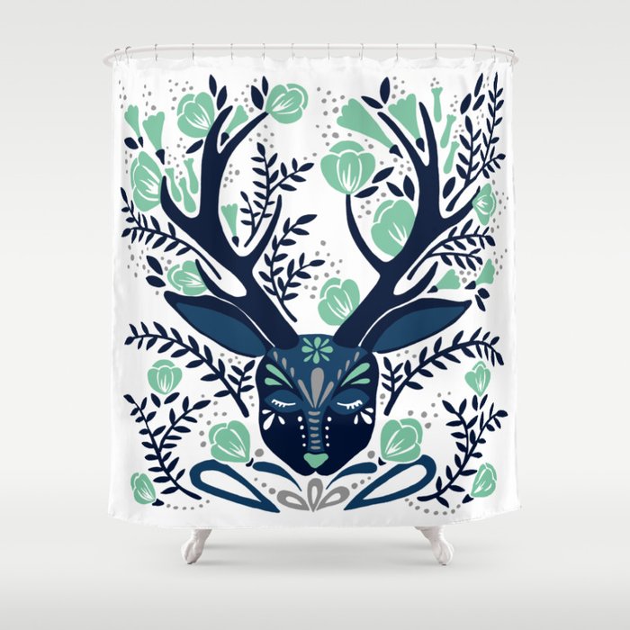 Floral Antlers – Navy & Mint Palette Shower Curtain