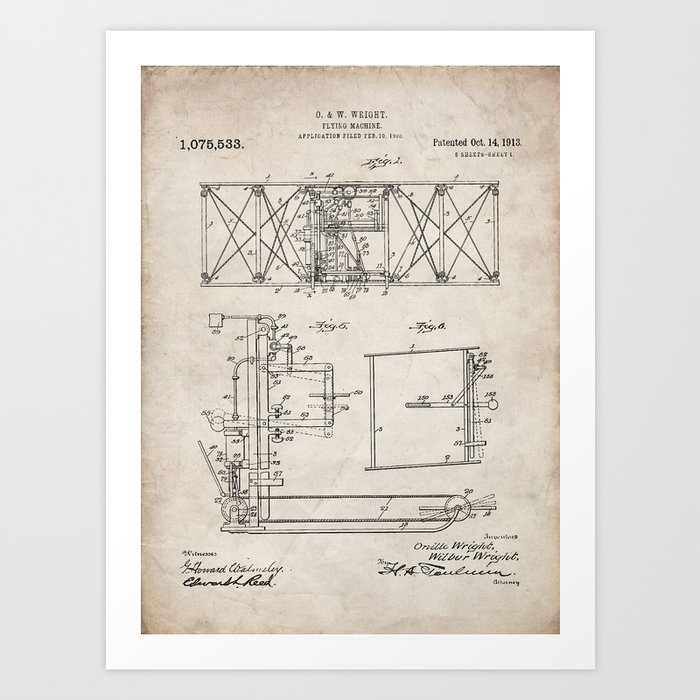 Wright Brother's Aircraft Patent - Aviation Art - Antique Art Print