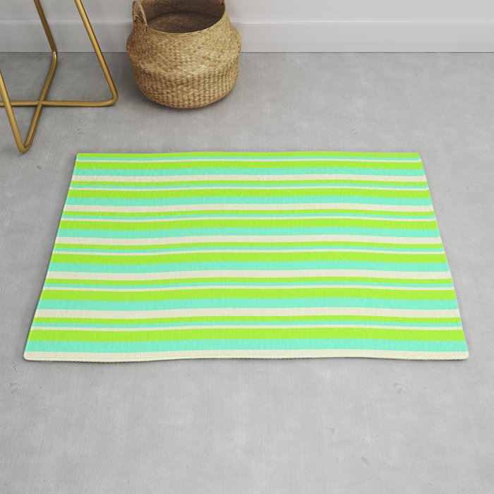 Light Green, Aquamarine & Beige Colored Lines/Stripes Pattern Rug
