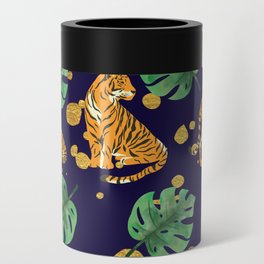 Modern Trendy Jungle Monstera and Tigers with Gold Spots Pattern Can Cooler