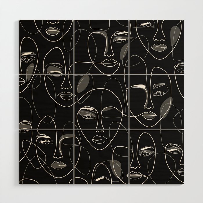 Girls in Dark / black background face pattern in lines Wood Wall Art