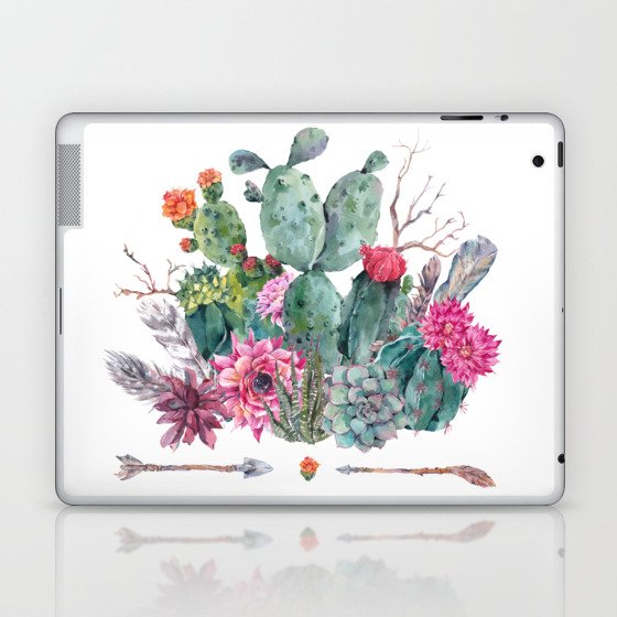 Watercolor cactus, succulent, flowers, twigs, feathers Laptop & iPad Skin
