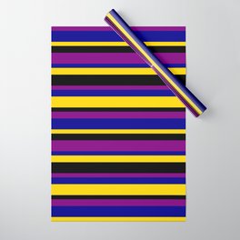 [ Thumbnail: Yellow, Black, Purple, and Dark Blue Colored Pattern of Stripes Wrapping Paper ]