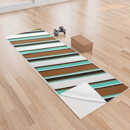 [ Thumbnail: Brown, Turquoise, White, and Black Colored Lines/Stripes Pattern Yoga Towel ]