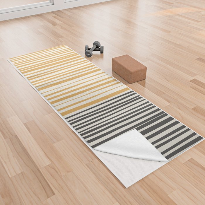 Natural Stripes Modern Minimalist Colour Block Pattern in Charcoal Grey, Muted Mustard Gold, and Cream Beige Yoga Towel