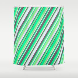 [ Thumbnail: Green, Light Green, Lavender, and Dim Gray Colored Stripes/Lines Pattern Shower Curtain ]