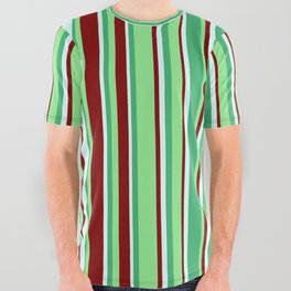 [ Thumbnail: Sea Green, Light Green, Maroon, and Light Cyan Colored Striped Pattern All Over Graphic Tee ]