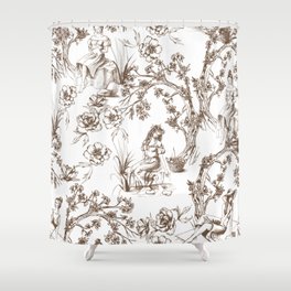 Toile de Jouy Contemporary French Boho Dark Brown & White Shower Curtain