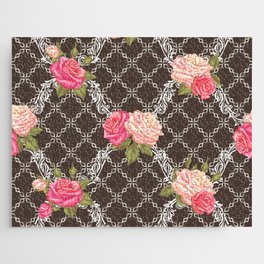Vintage Roses and Lattice Lace on Dark Brown Jigsaw Puzzle