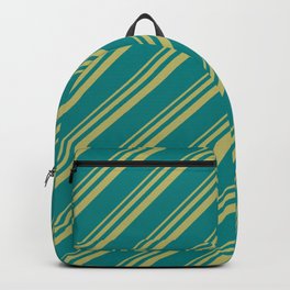 [ Thumbnail: Dark Khaki and Teal Colored Stripes/Lines Pattern Backpack ]