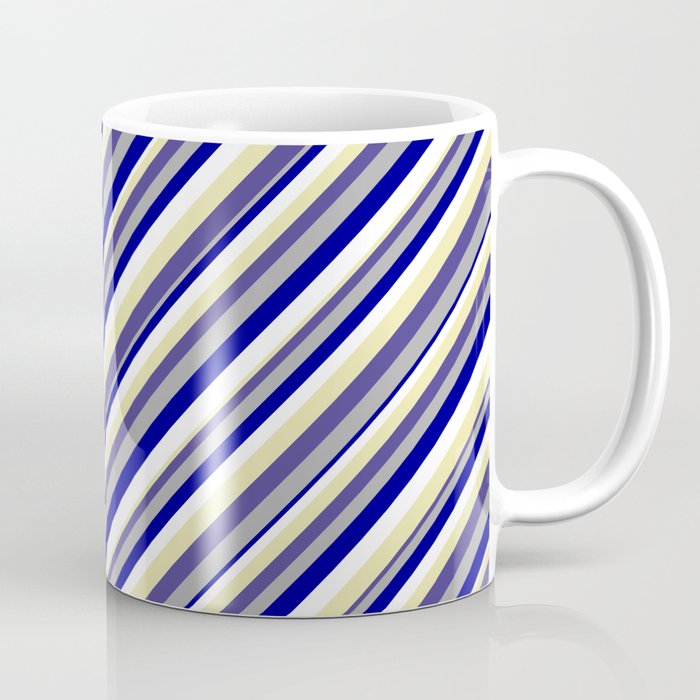 Vibrant Dark Slate Blue, Dark Gray, Dark Blue, White, and Pale Goldenrod Colored Striped Pattern Coffee Mug