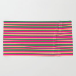[ Thumbnail: Deep Pink, Light Salmon & Sea Green Colored Lines Pattern Beach Towel ]