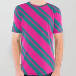 [ Thumbnail: Deep Pink & Teal Colored Lined/Striped Pattern All Over Graphic Tee ]