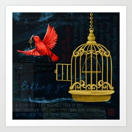 Letting Go Uncaged Bird - Digital Illustration Art Print