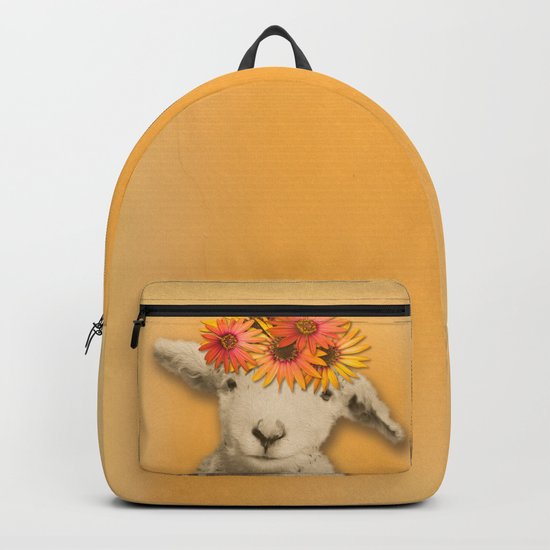 Daisies Sheep Girl Portrait, Mustard Yellow Texturized Backgroud Backpack