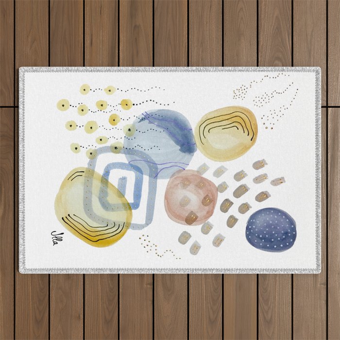 Petra VI - Stones - Abstract - Nature - Watercolor - Gold, Yellow, Blue and white Outdoor Rug