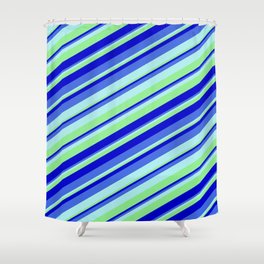 [ Thumbnail: Turquoise, Light Green, Blue, and Royal Blue Colored Stripes/Lines Pattern Shower Curtain ]