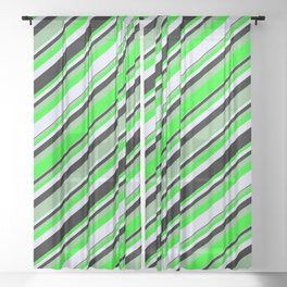 [ Thumbnail: Dark Sea Green, Lime, Lavender, and Black Colored Lines/Stripes Pattern Sheer Curtain ]
