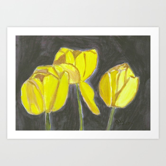 Yellow Tulips on a Black Background Watercolor Painting Art Print