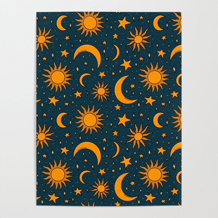 Vintage Sun and Star Print in Navy Poster