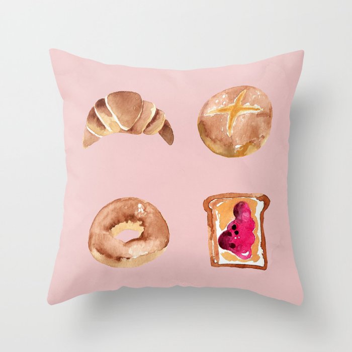 Breakfast Illustration with Croissant, Bagel, Toast and Bun Throw Pillow