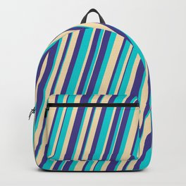 [ Thumbnail: Dark Turquoise, Tan, and Dark Slate Blue Colored Lines/Stripes Pattern Backpack ]