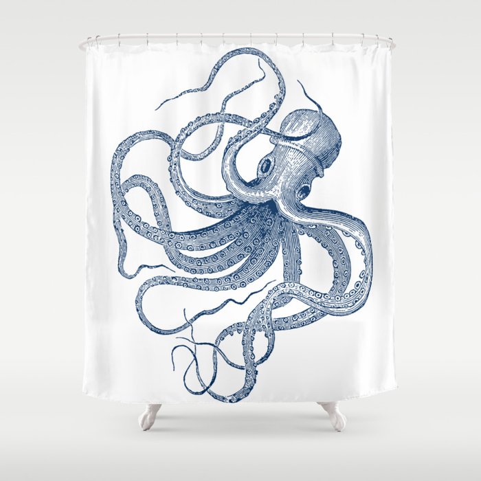 Blue nautical vintage octopus illustration Shower Curtain