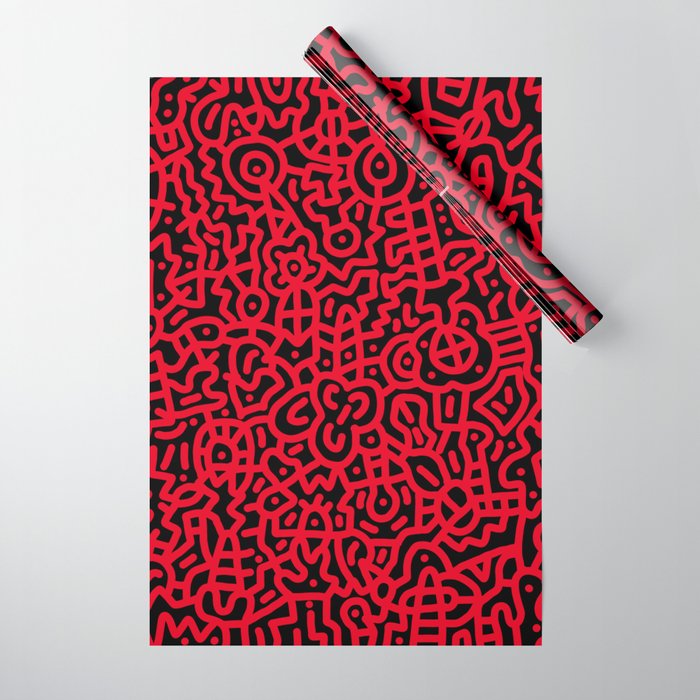 Candy Apple Red on Black Doodles Wrapping Paper