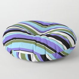 [ Thumbnail: Dark Olive Green, Sky Blue, Slate Blue, Black, and White Colored Lined Pattern Floor Pillow ]