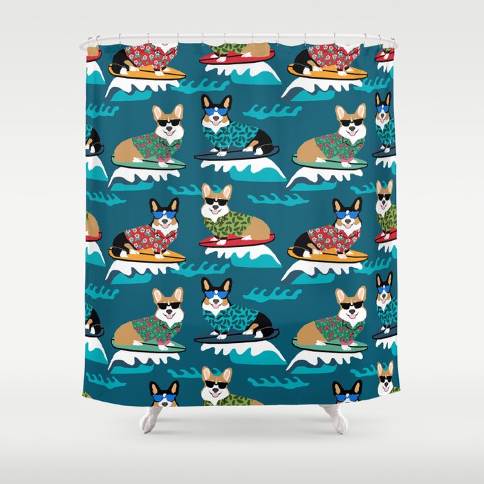 Surfing Corgis Dog Summer Beach Hang 10 Catch A Wave Pattern Shower Curtain Surfing Corgis Dog Summer Beach Hang 10 Catch A Wave Pattern Shower Curtain