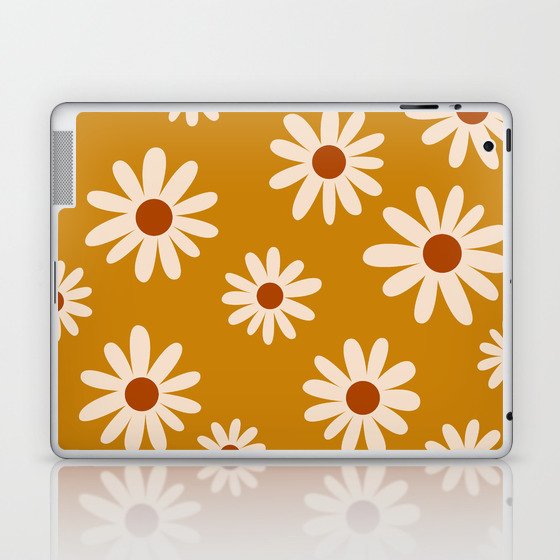 70s Hand Drawn Flower Power Daisies Florals in Yellow, Cream & Brown Laptop & iPad Skin