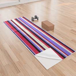 [ Thumbnail: Beige, Medium Slate Blue, Black, and Crimson Colored Pattern of Stripes Yoga Towel ]