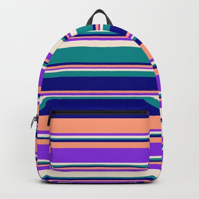 Eyecatching Light Salmon, Purple, Beige, Dark Cyan & Blue Colored Lined/Striped Pattern Backpack