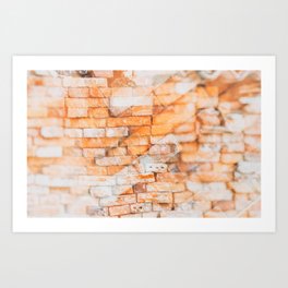 Retro style background or texture in double exposure. The stonewall from old orange bricks.  Art Print