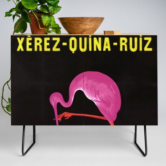 Rare Aperitif pink flamingo Xérez-Quina-Ruiz 1905 liquor alcoholic beverage vintage poster in yellow lettering poster / posters Credenza