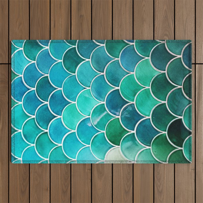 Aqua Mermaid Teal Tile Outdoor Rug