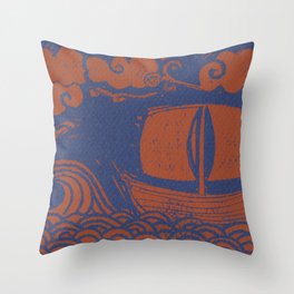 Bronze and Navy Lino-cut Wave and Boat Throw Pillow