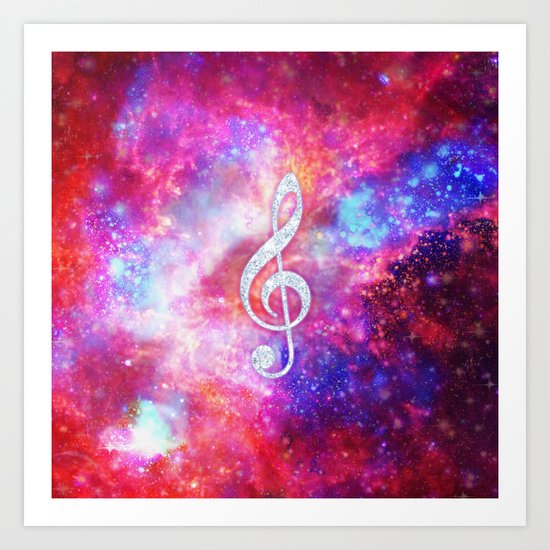 Galaxy Nebula Glitter Music Note Pink Space Art Print