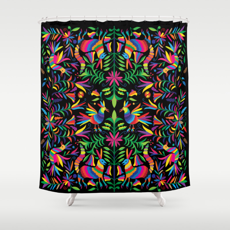 Otomi Mexican Print Black Shower, Otomi Shower Curtain