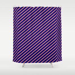 [ Thumbnail: Light Coral, Blue & Black Colored Stripes/Lines Pattern Shower Curtain ]