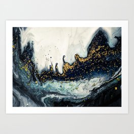 Inky Black + White + Gold Spatter Abstract Waves Art Print