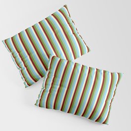 [ Thumbnail: Dark Sea Green, Green, Maroon, Light Yellow, and Light Sky Blue Colored Lined/Striped Pattern Pillow Sham ]