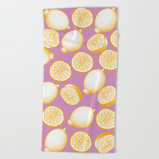 Lemons On Pink Background Beach Towel