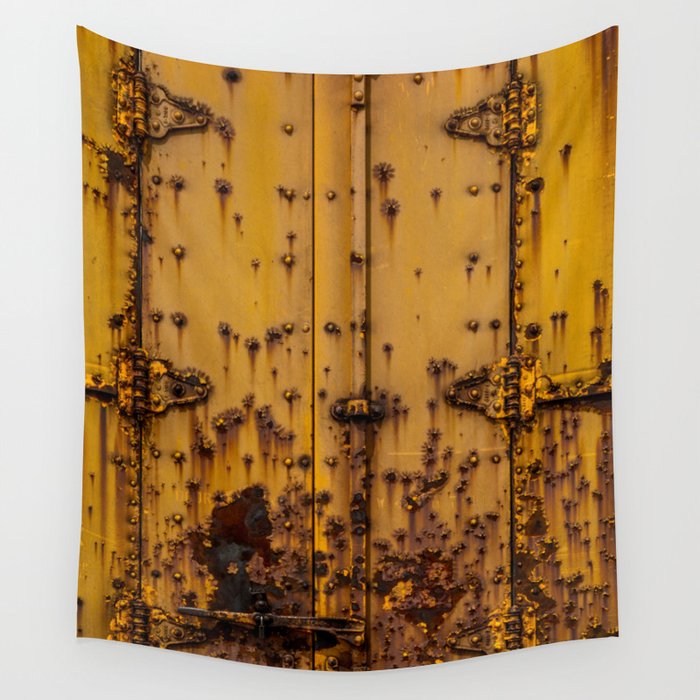 Rusting Yellow Boxcar Door Train Rolling Stock Railroad Texture Wall Tapestry