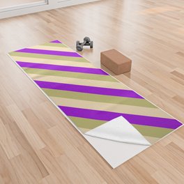[ Thumbnail: Dark Khaki, Tan, and Dark Violet Colored Striped Pattern Yoga Towel ]